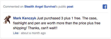 Stealth Angel Survival Facebook Comment